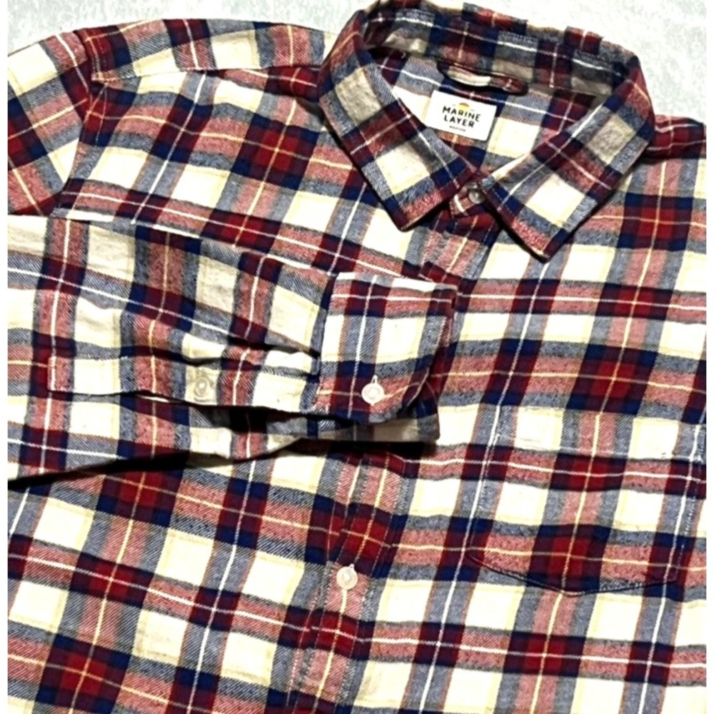 Marine Layer Flannel Shirt Mens MEDIUM Red Blue Plaid 100% Cotton Button Up